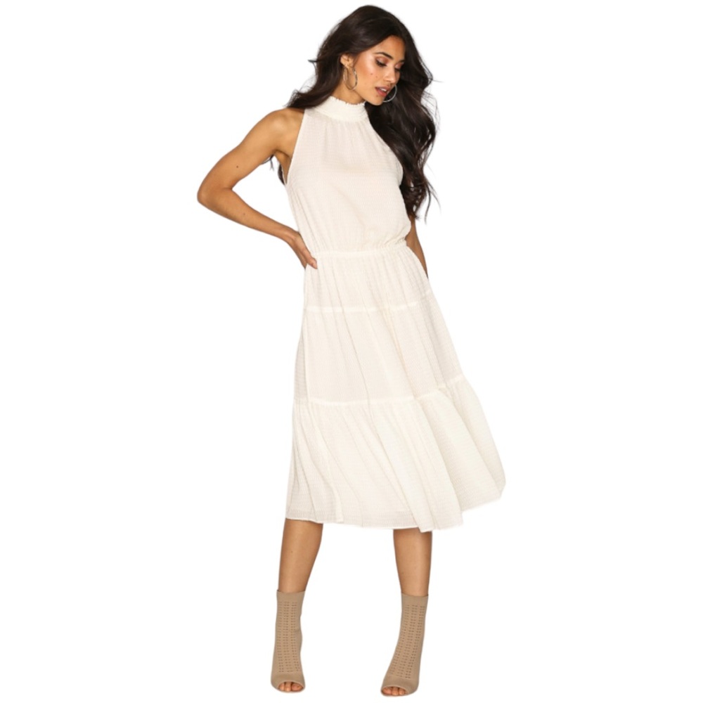 Michael Kors sleeveless high neck, tiered ruffled midi dress, cream Size XS